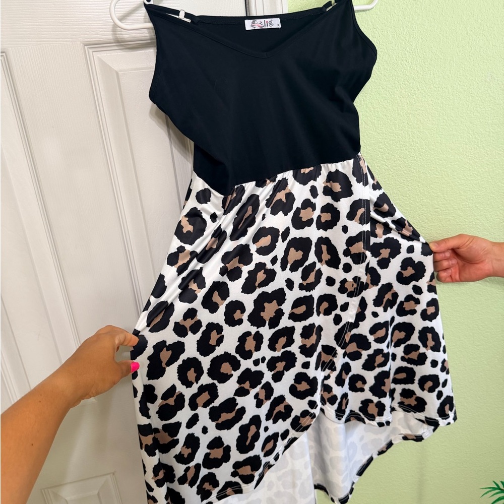 Women’s Black & Leopard Print Asymmetrical Dress